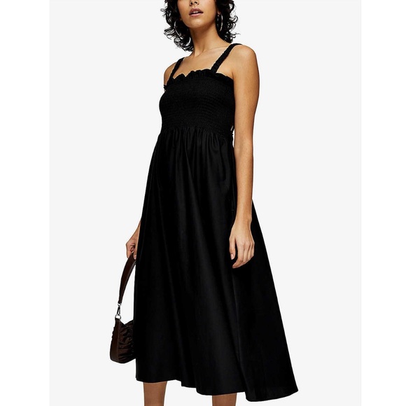 Topshop Shirred/Smocked Cotton Poplin Midi black Dress XS (size US 0-2) - Picture 2 of 10